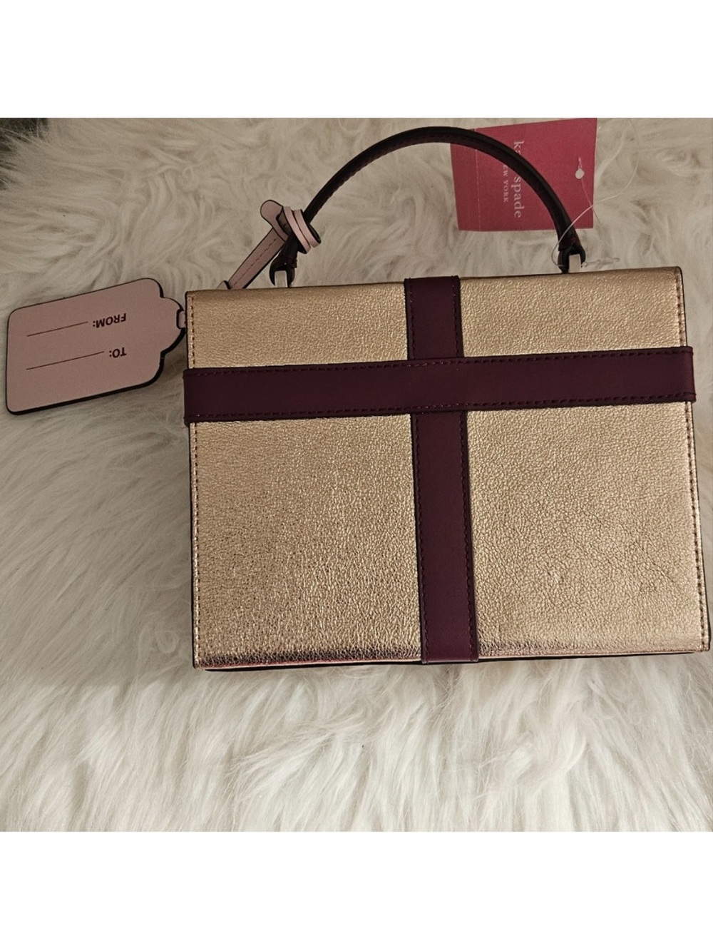 kate spade Wrapping Party Metallic Gold Mini Box Bag with Burgundy Bow NWT - Picture 13 of 14